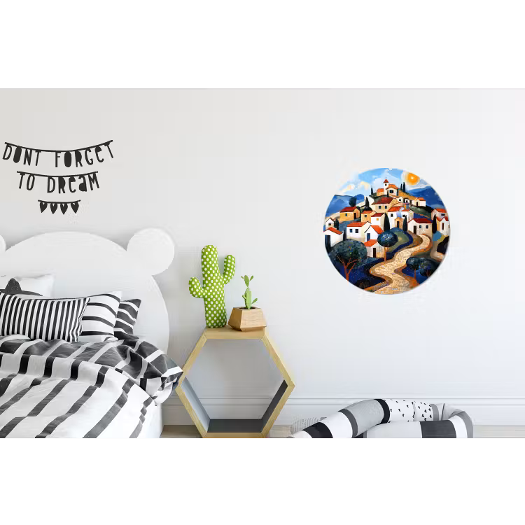 Dorp - Heuvelachtig - Zon - Mozaïek Wandcirkel aluminium klein -kinderkamer