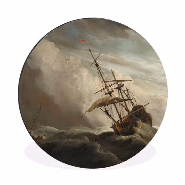 Een schip in volle zee bij vliegende storm - Schilderij van Willem van de Velde Wandcirkel aluminium klein -3d
