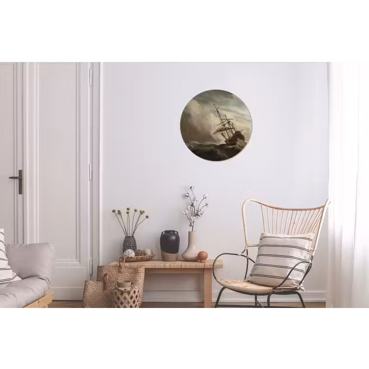 Een schip in volle zee bij vliegende storm - Schilderij van Willem van de Velde Wandcirkel aluminium klein -woonkamer