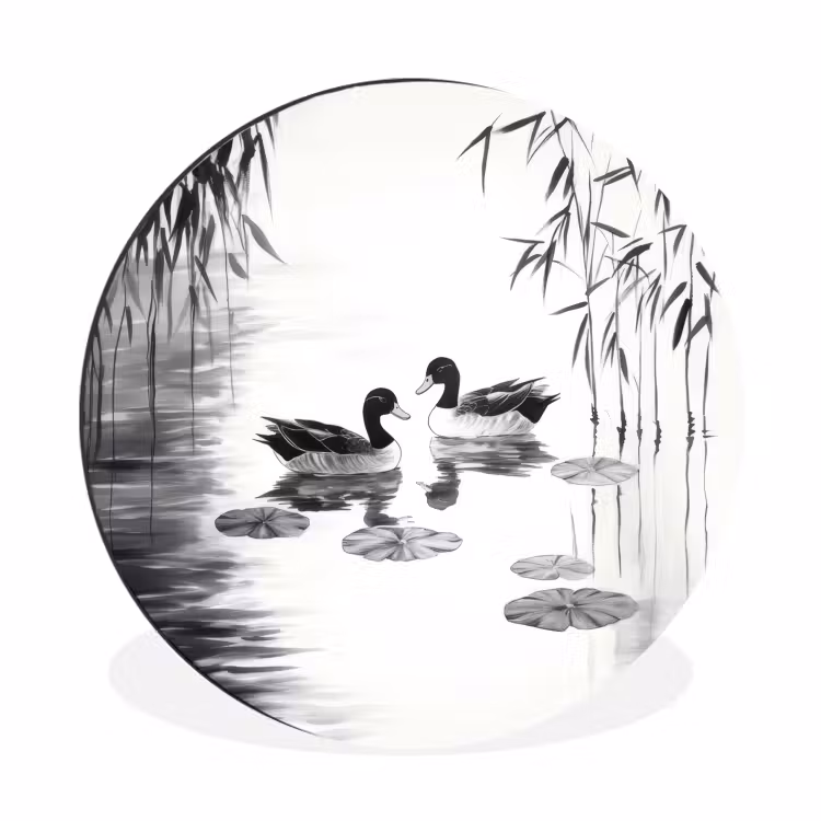 Eenden - Waterlelies - Riet - Zwart Wandcirkel aluminium klein -3d