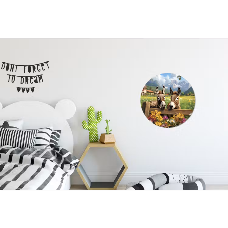 Ezels - Bloemen - Zomers Wandcirkel aluminium klein -kinderkamer