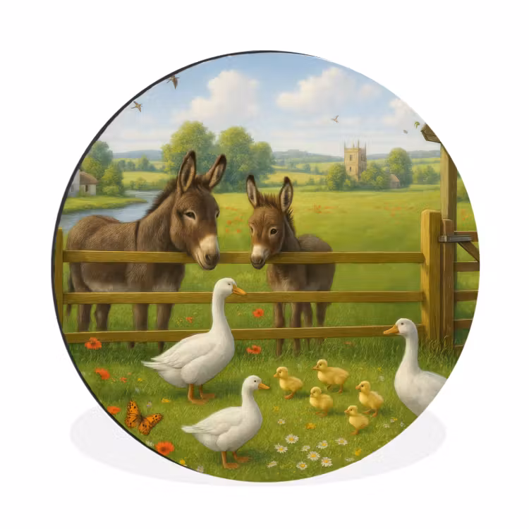 Ezels - Ganzen - Kleurrijk Wandcirkel aluminium klein -3d