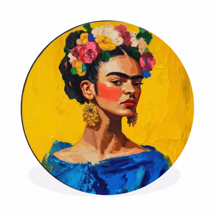 Frida Kahlo - Vrouw - Geel - Blauw - Bloemen Wandcirkel aluminium klein -3d