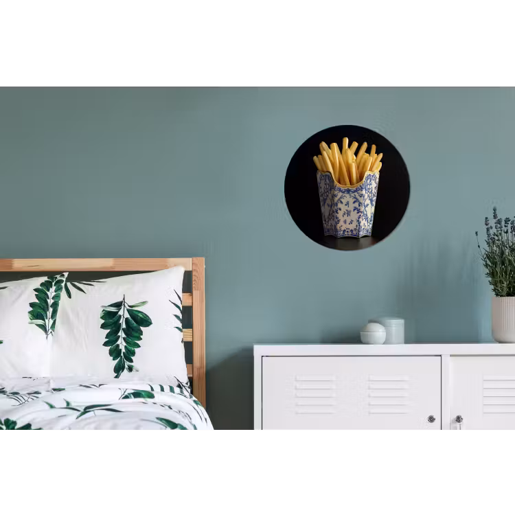 Friet - Porselein - Delfts blauw - Eten Wandcirkel aluminium klein -slaapkamer