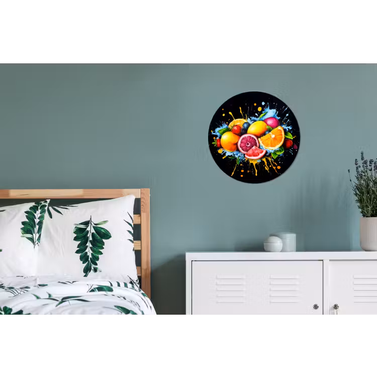 Fruit - Graffiti - Kleurrijk - Sinaasappel - Aardbei - Abstract Wandcirkel aluminium klein -slaapkamer