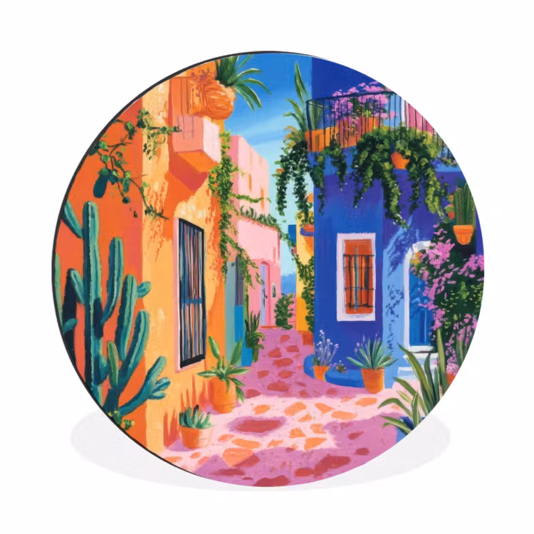 Geel - Blauw - Oranje - Huis Wandcirkel aluminium klein -3d