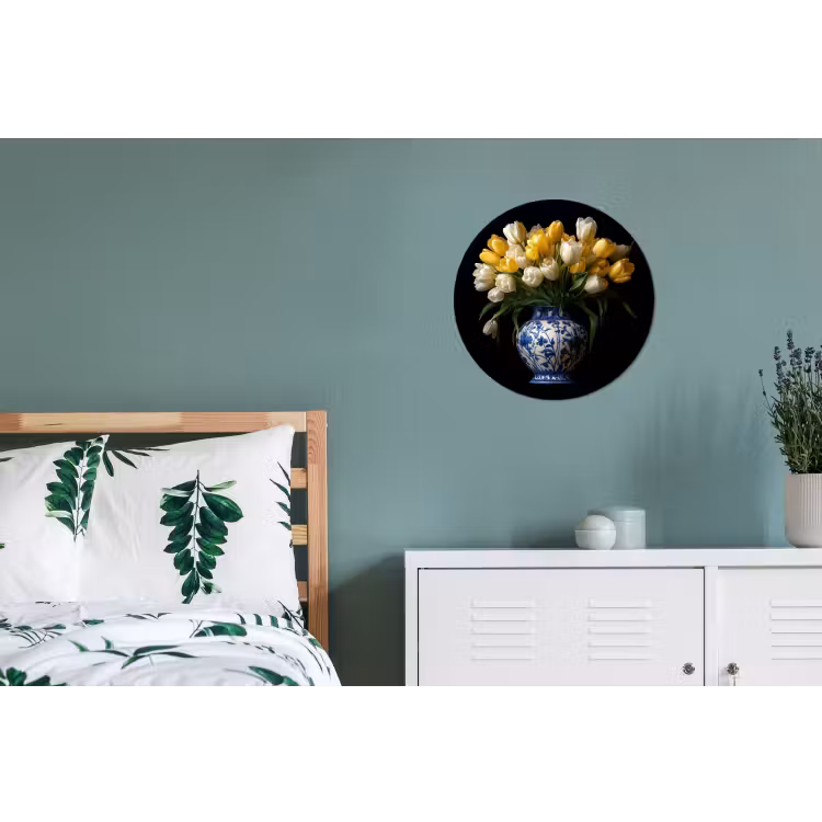 Geel - Tulpen - Vaas - Bloemen Wandcirkel aluminium klein -slaapkamer