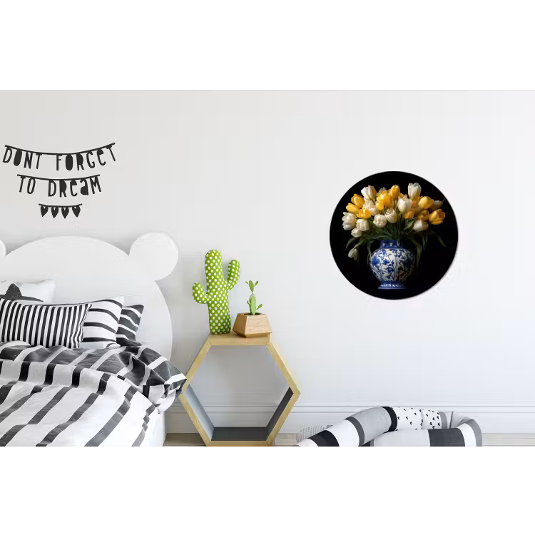 Geel - Tulpen - Vaas - Bloemen Wandcirkel aluminium klein -kinderkamer
