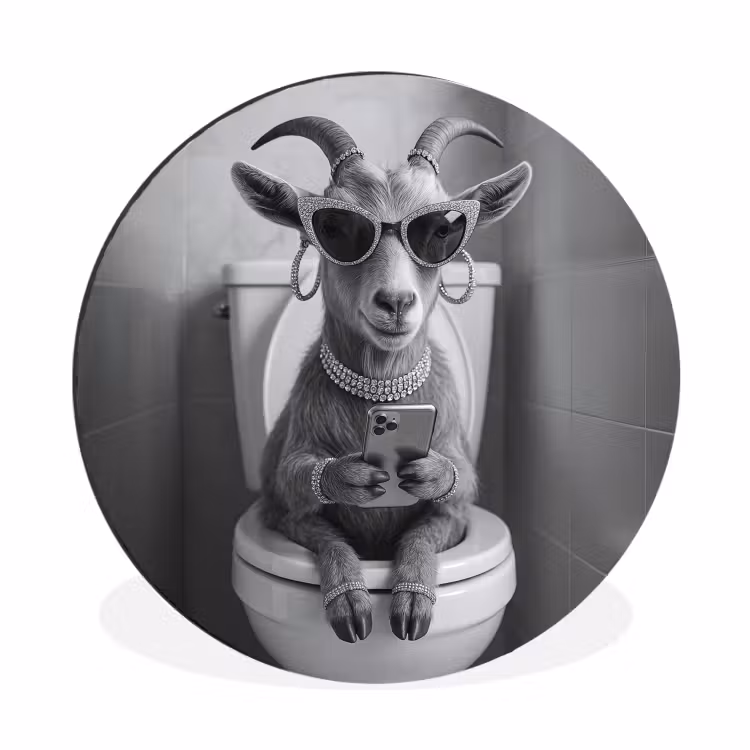 Geit - Telefoon - Toilet - Zwart - Wit Wandcirkel aluminium klein -3d