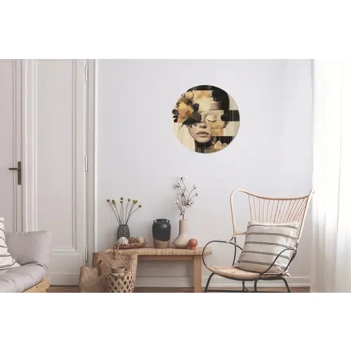 Gezicht - Bloemen - Zwart - Vrouw Wandcirkel aluminium klein -woonkamer