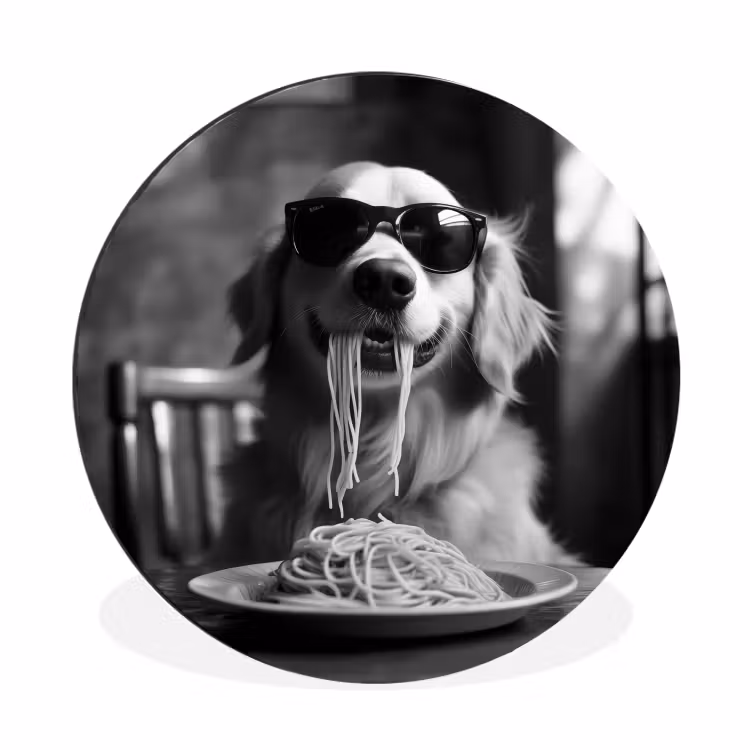 Golden Retriever - Hond - Vrolijk - Bord spaghetti - Zwart - wit Wandcirkel aluminium klein -3d