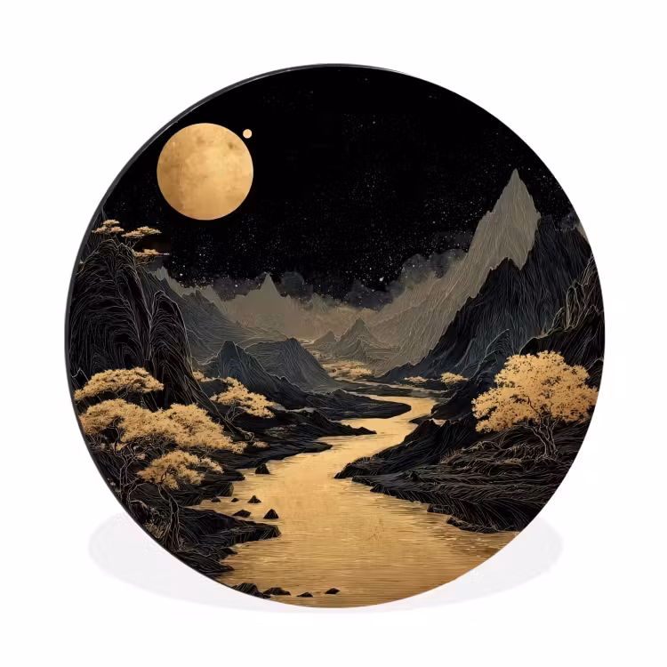 Gouden rivier - Bergen - Maan - Sterrenhemel Wandcirkel aluminium klein -3d