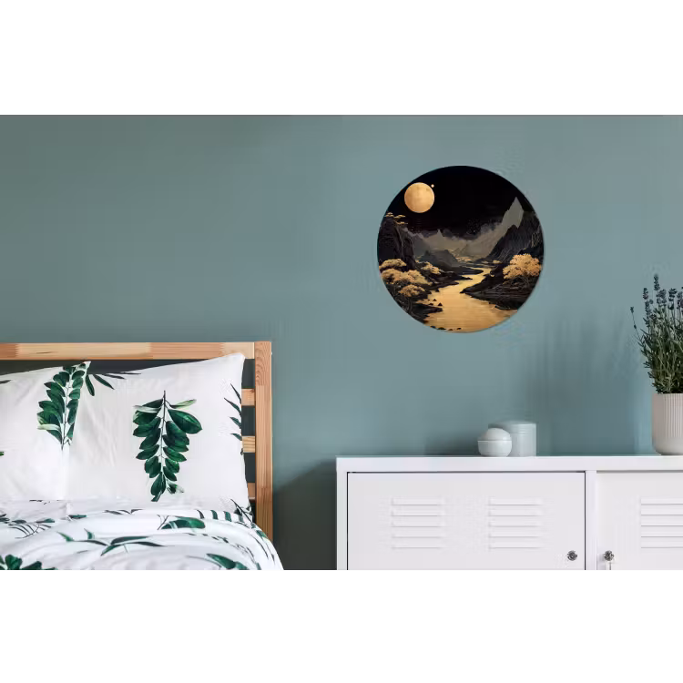 Gouden rivier - Bergen - Maan - Sterrenhemel Wandcirkel aluminium klein -slaapkamer
