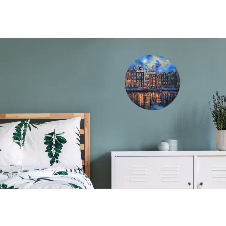 Grachten Amsterdam - Huizen - Stad - Kleurrijk Wandcirkel aluminium klein -slaapkamer