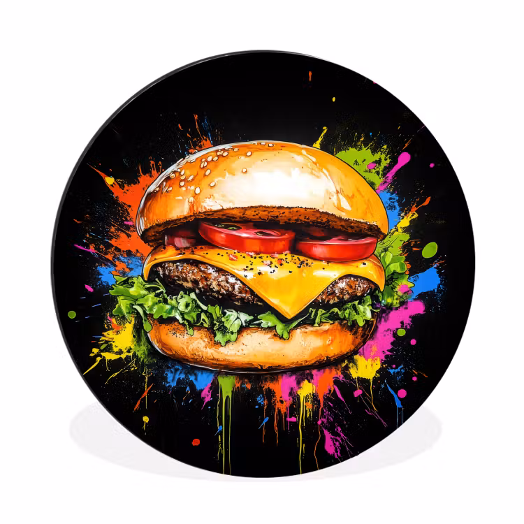 Hamburger - Graffiti - Verf - Kleurrijk - Eten - Abstract Wandcirkel aluminium klein -3d