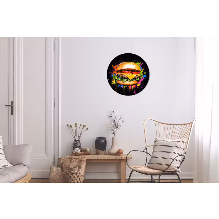 Hamburger - Graffiti - Verf - Kleurrijk - Eten - Abstract Wandcirkel aluminium klein -woonkamer