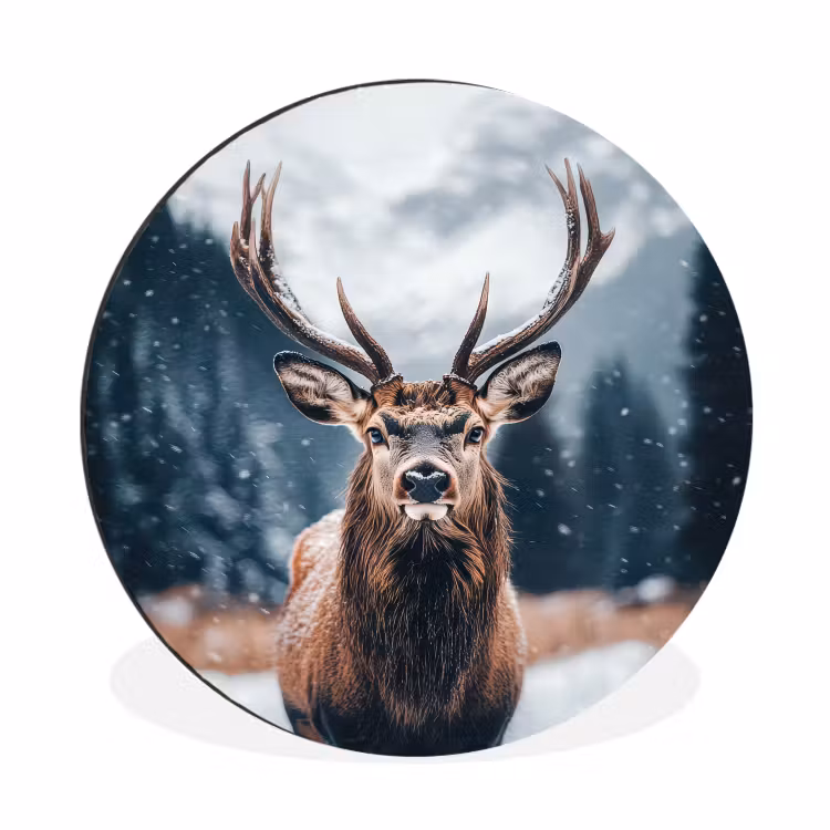 Hert - Dieren - Landschap - Winter - Sneeuw Wandcirkel aluminium klein -3d
