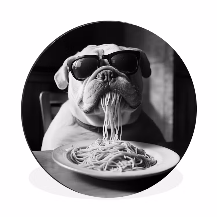 Hond - Bulldog - Pasta - Bril - Stoer - Dieren Wandcirkel aluminium klein -3d