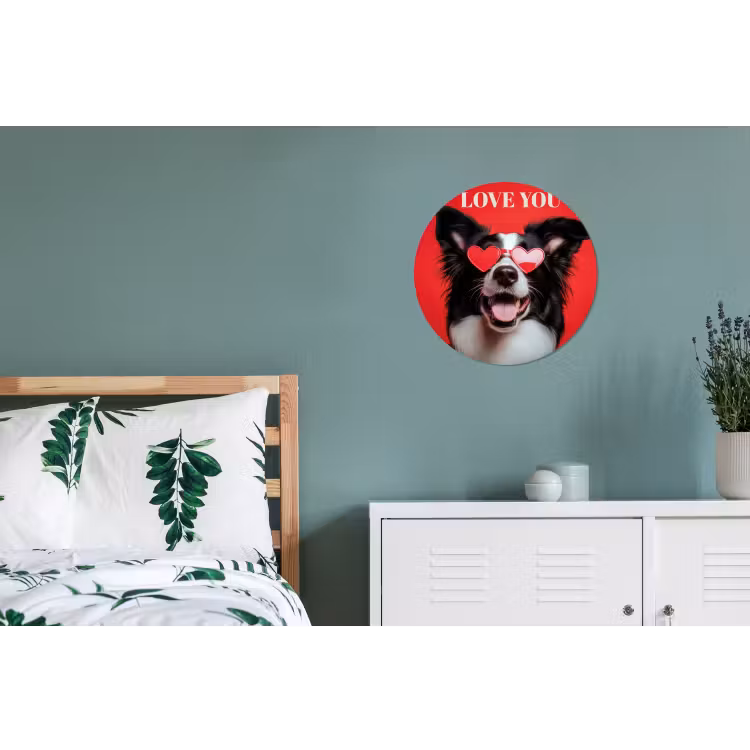 Hond - Hartjesbril - Loveyou - Rood Wandcirkel aluminium klein -slaapkamer