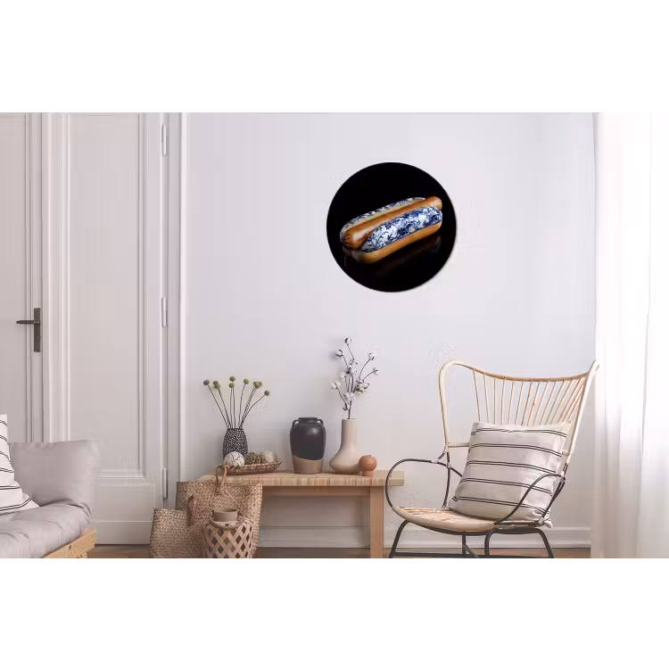 Hotdog - Porselein - Delfts blauw - Eten Wandcirkel aluminium klein -woonkamer