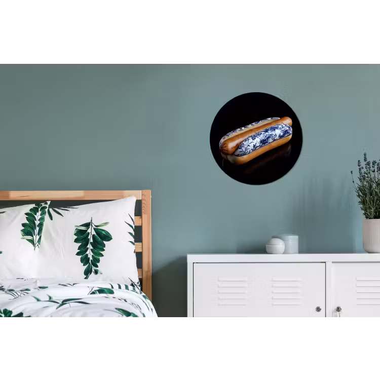 Hotdog - Porselein - Delfts blauw - Eten Wandcirkel aluminium klein -slaapkamer