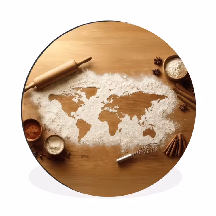 Hout - Wereldkaart - Bakken - Keuken Wandcirkel aluminium klein -3d