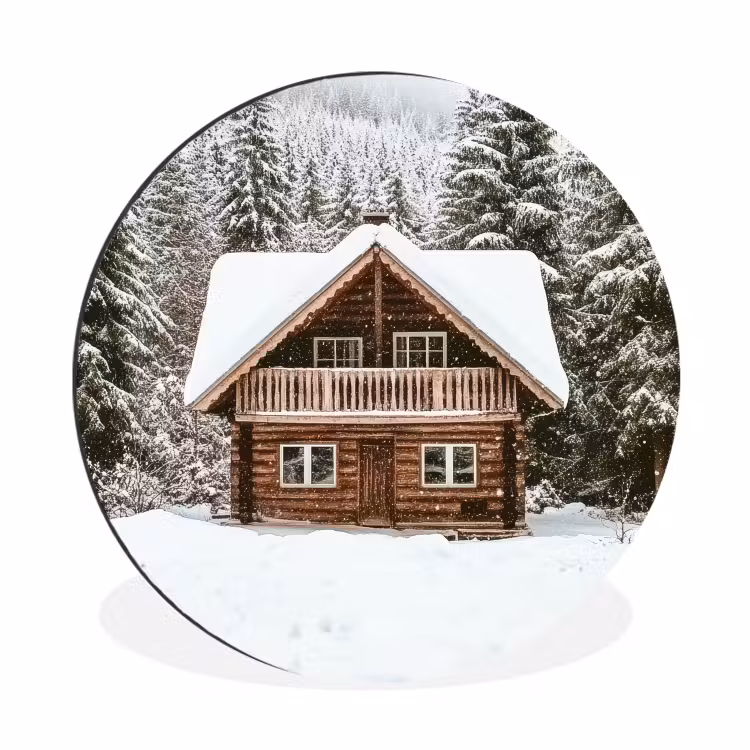 Huis - Bos - Winter - Natuur - Sneeuw Wandcirkel aluminium klein -3d