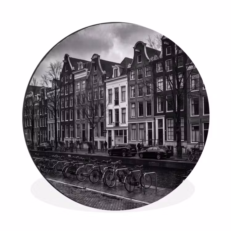 Huis - Gracht - Amsterdam - Architectuur - Zwart-wit Wandcirkel aluminium klein -3d