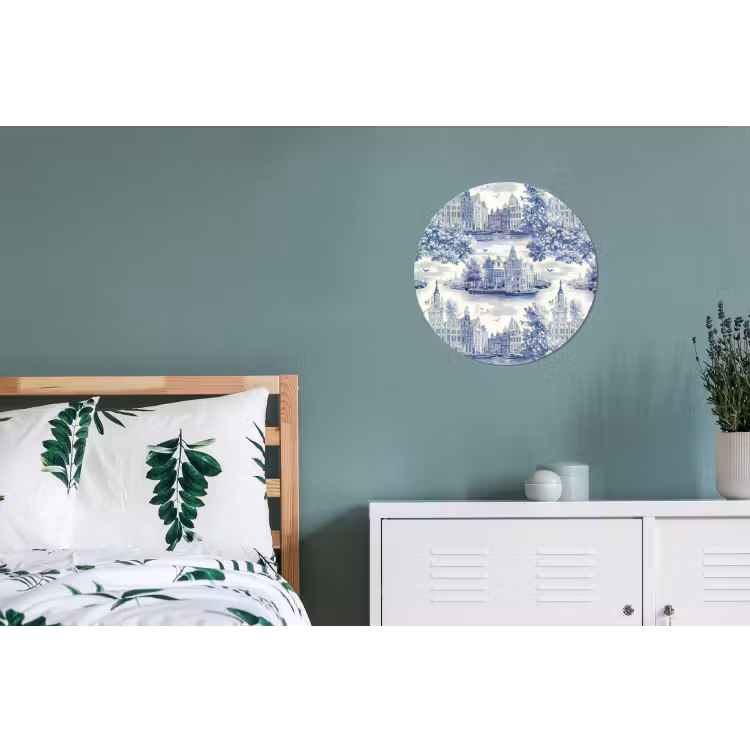 Huizen - Bomen - Water - Vogels - Blauw Wandcirkel aluminium klein 190 -slaapkamer