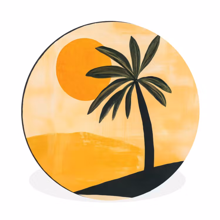 Illustratie - Palmboom - Zon - Heuvels Wandcirkel aluminium klein -3d