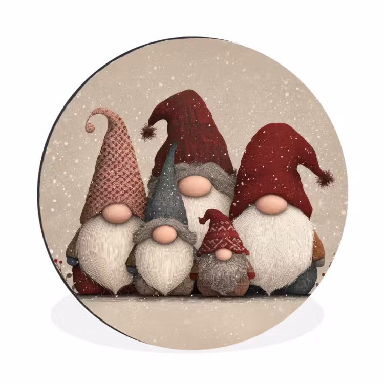 Kabouters - Kerst - Sneeuw - Puntmutsen Wandcirkel aluminium klein -3d