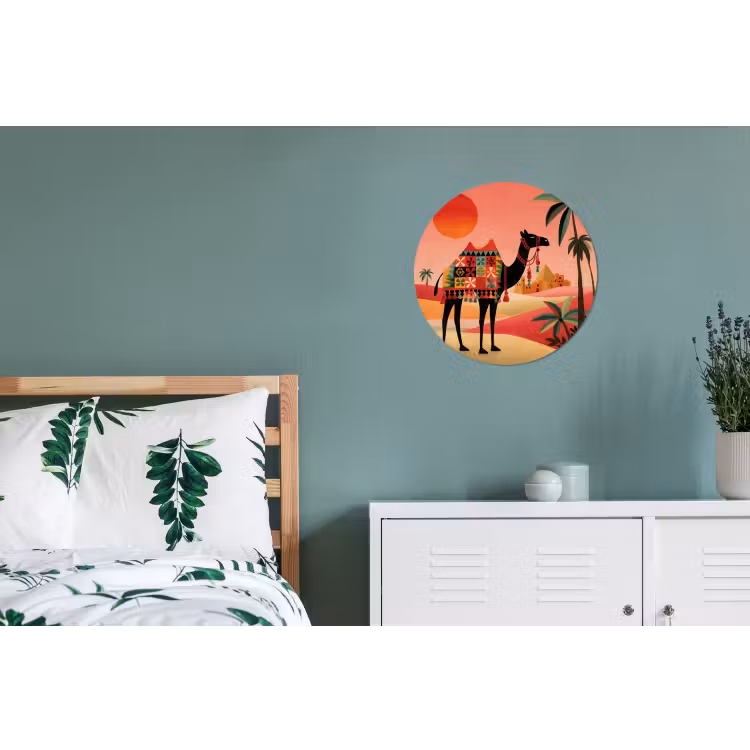 Kameel - Gekleurd tapijt - Duinen - Rode zon Wandcirkel aluminium klein -slaapkamer