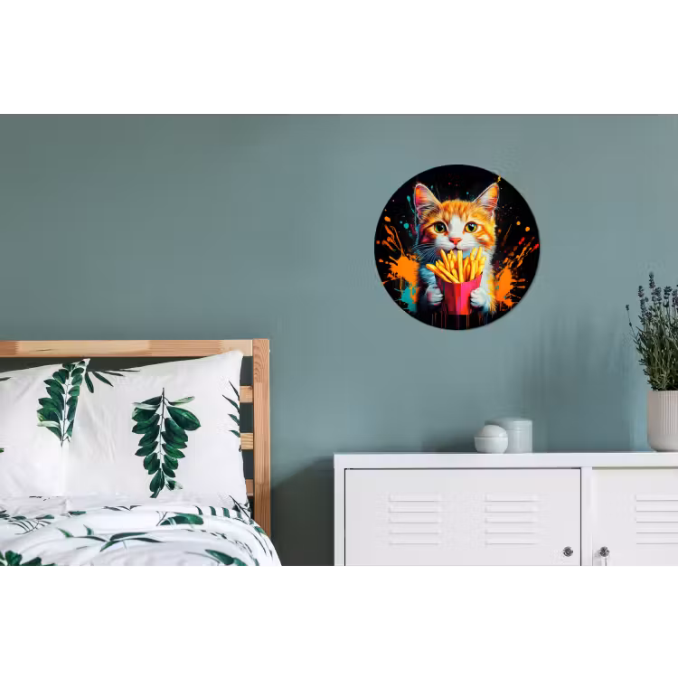 Kat - Eten - Patat - Graffiti - Abstract Wandcirkel aluminium klein -slaapkamer