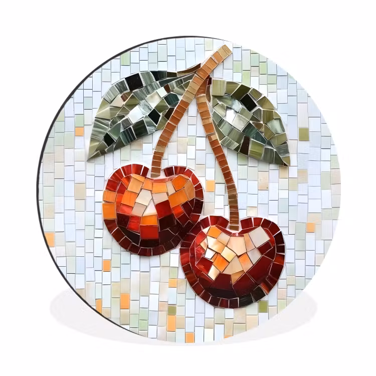Kersen - Rood - Mozaïek - Blaadjes Wandcirkel aluminium klein -3d