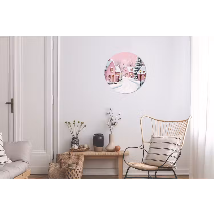 Kerstdorp - Roze - Winter - Sneeuw - Huizen Wandcirkel aluminium klein -woonkamer
