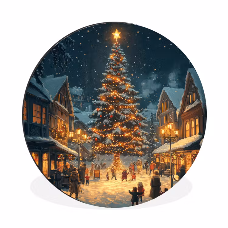 Kerstfeest - Dorp - Donker Wandcirkel aluminium klein -3d