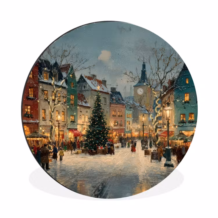 Kerstsfeer - Stadsplein - Kleurrijk Wandcirkel aluminium klein -3d