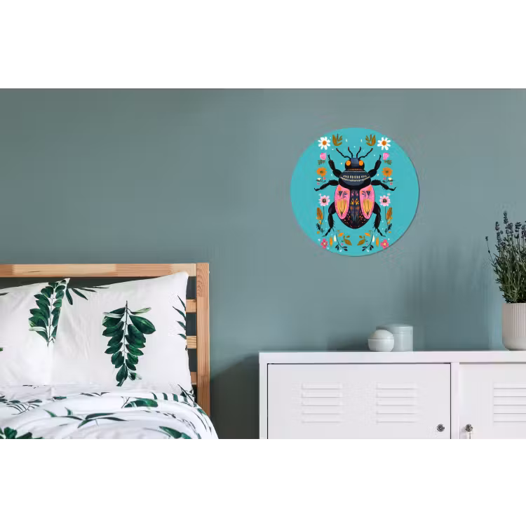 Kever - Bloemmotieven - Turquoise - Bladeren Wandcirkel aluminium klein -slaapkamer