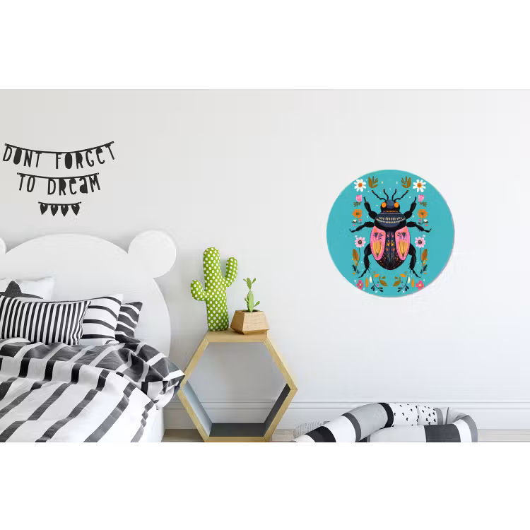 Kever - Bloemmotieven - Turquoise - Bladeren Wandcirkel aluminium klein -kinderkamer