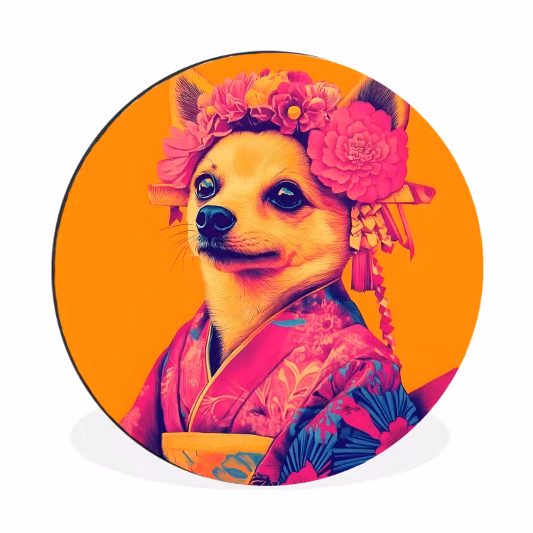 Kimono - Hondje - Bloemenkroon - Oranje Wandcirkel aluminium klein -3d