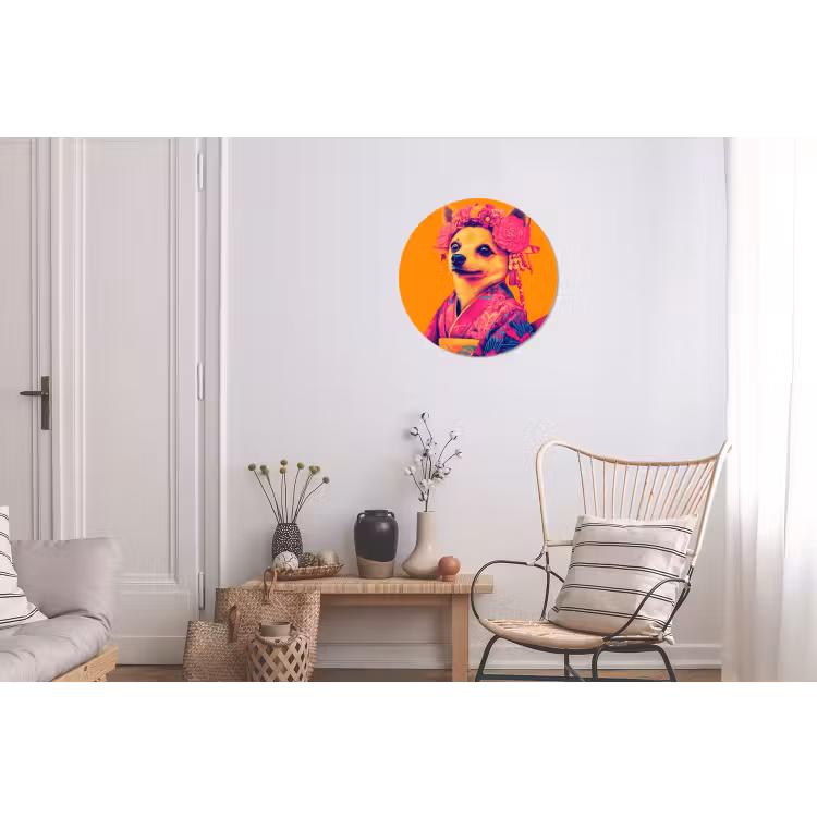 Kimono - Hondje - Bloemenkroon - Oranje Wandcirkel aluminium klein -woonkamer