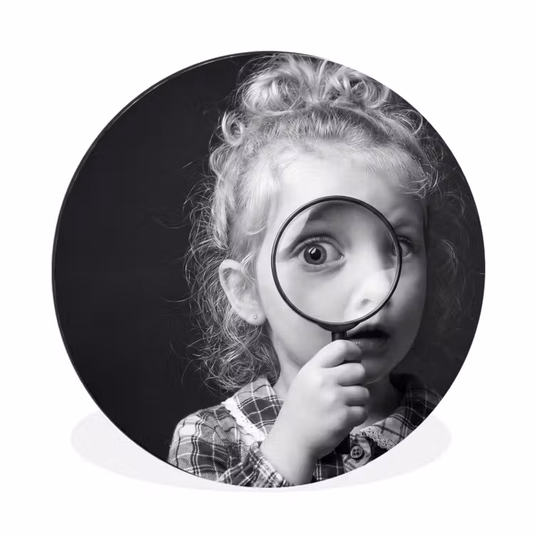 Kind - Vergrootglas - Portret - Zwart-wit Wandcirkel aluminium klein -3d