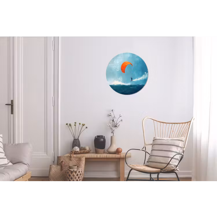Kitesurfer - Oranje - Zee - Lucht Wandcirkel aluminium klein -woonkamer