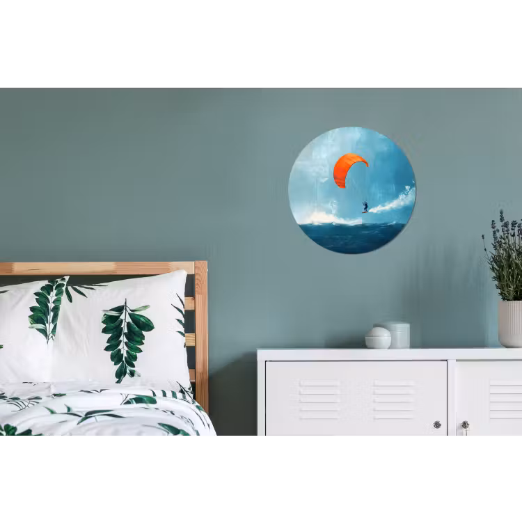 Kitesurfer - Oranje - Zee - Lucht Wandcirkel aluminium klein -slaapkamer