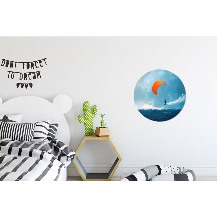 Kitesurfer - Oranje - Zee - Lucht Wandcirkel aluminium klein -kinderkamer