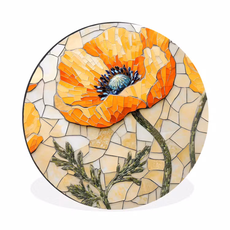 Klaprozen - Oranje - Mozaïek - Bladeren Wandcirkel aluminium klein -3d