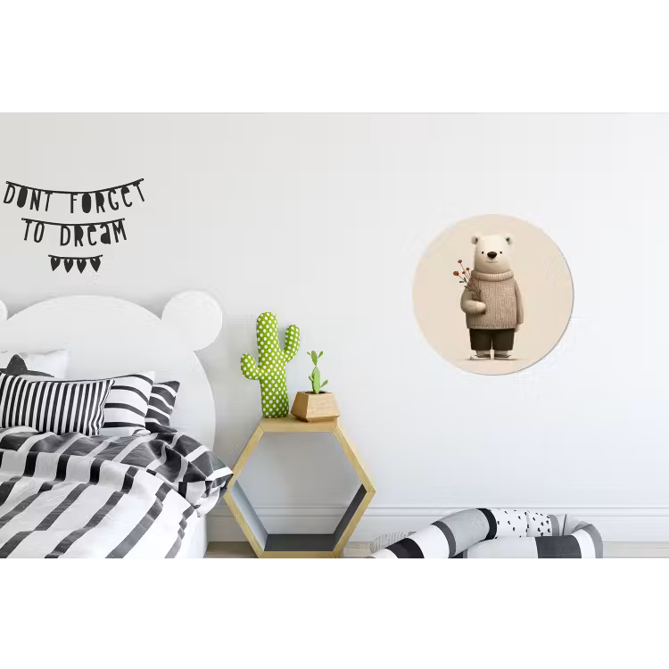 Knuffelbeer - Oranje bloemen - Vriendelijk Wandcirkel aluminium klein -kinderkamer