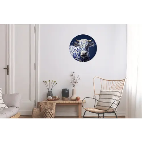 Koe - Delfts - Blauw - Artistiek Wandcirkel aluminium klein -woonkamer