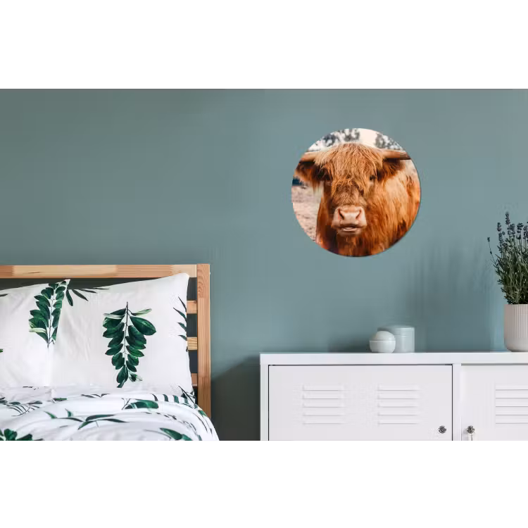 Koe- Schotse hooglander - Hoorns - Bruin - Landschap Wandcirkel aluminium klein -slaapkamer