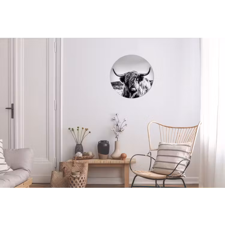 Koe - Schotse hooglander - Zwart - Wit - Dier - Natuur - Wild Wandcirkel aluminium klein -woonkamer